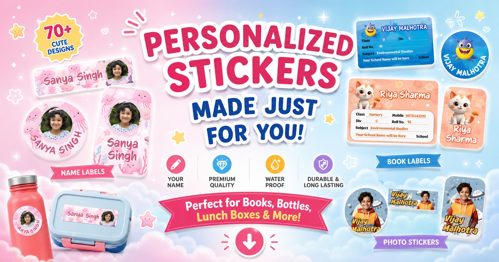 Personalized kids name stickers and school labels by Parul Desai Designs in Borivali, Mumbai, India featuring unicorn, mermaid, princess, shark, kitty, and custom photo sticker themes for books, bottles, lunch boxes, and school essentials.