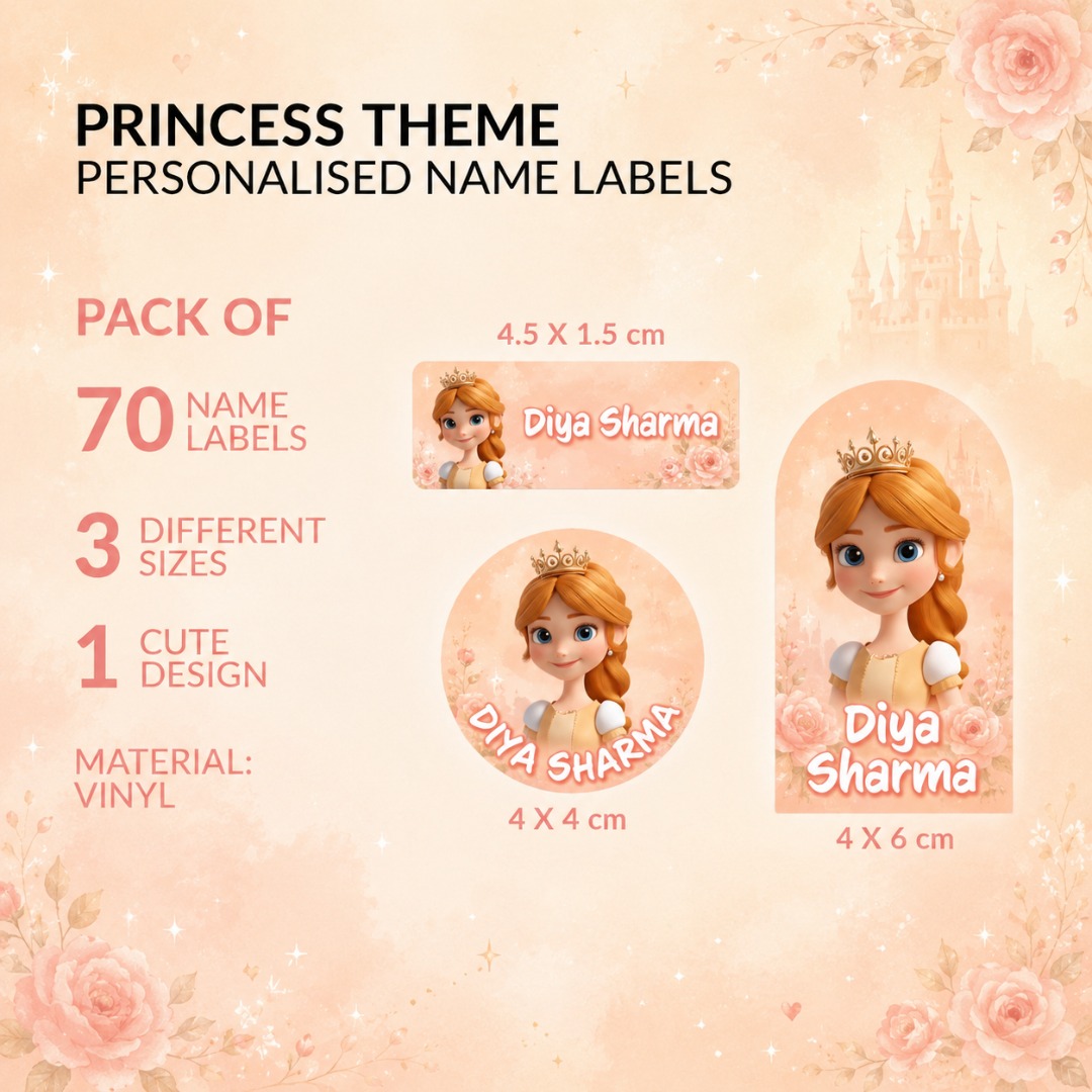 Princess Theme personalised name labels for kids