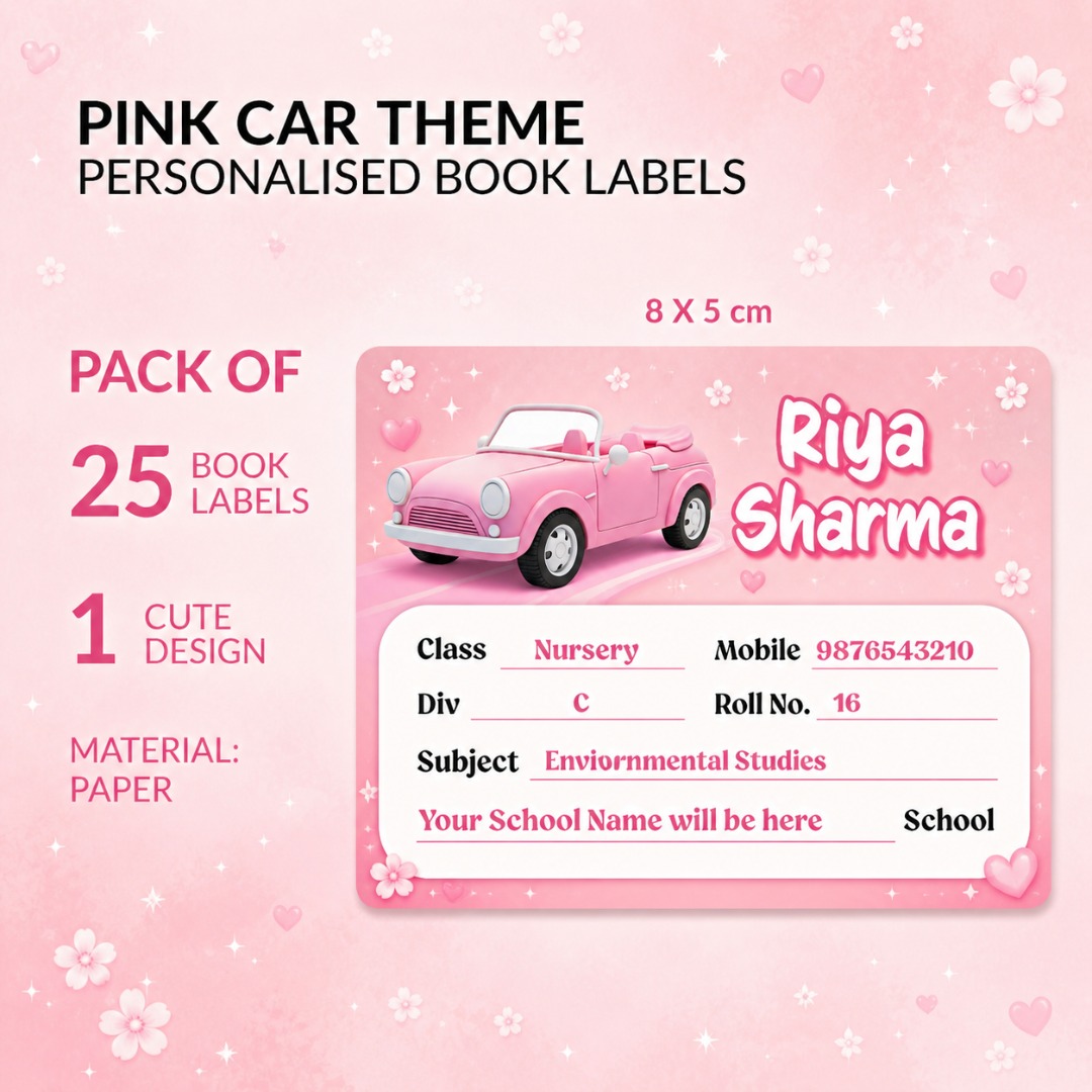 Pink Car Theme Personalized Book Labels