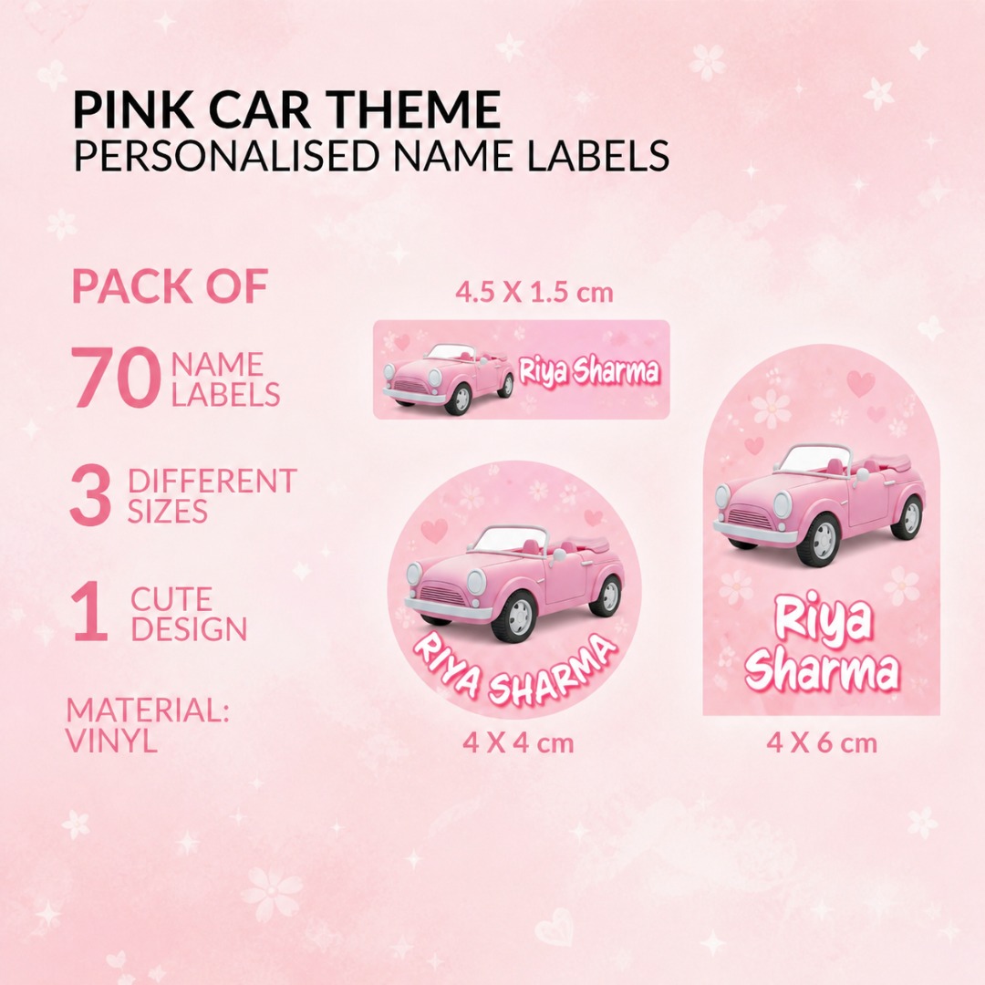 Pink Car Theme Personalized Name Labels